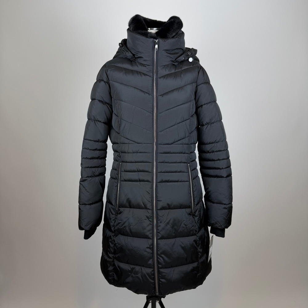 NWT London Fog Black Long Puffer Coat Faux Fur Collar Womens Small Winter Hooded
